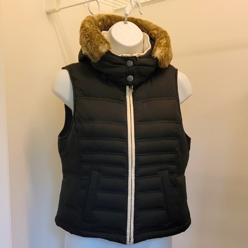 LOFT Black Puff Vest- Down w/ Faur Fur Hood- Sz: XXSP